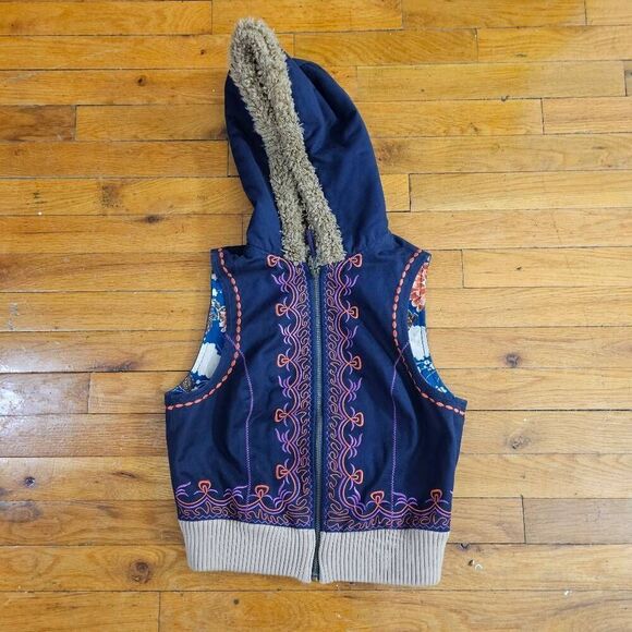 Free People Jackets & Blazers - Free People Boho Embroidered Vest Blue Fleece Sherpa Hood Size XS